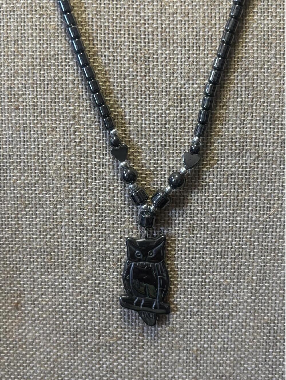 Vtg Artisan Hand Beaded Hematite Owl With/ Hearts Pendant Necklace 16.5”